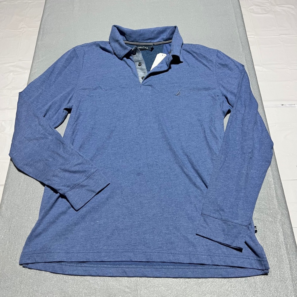 Nautica Mens Blue Heathered Long Sleeve Polo Shirt Size Large NWT